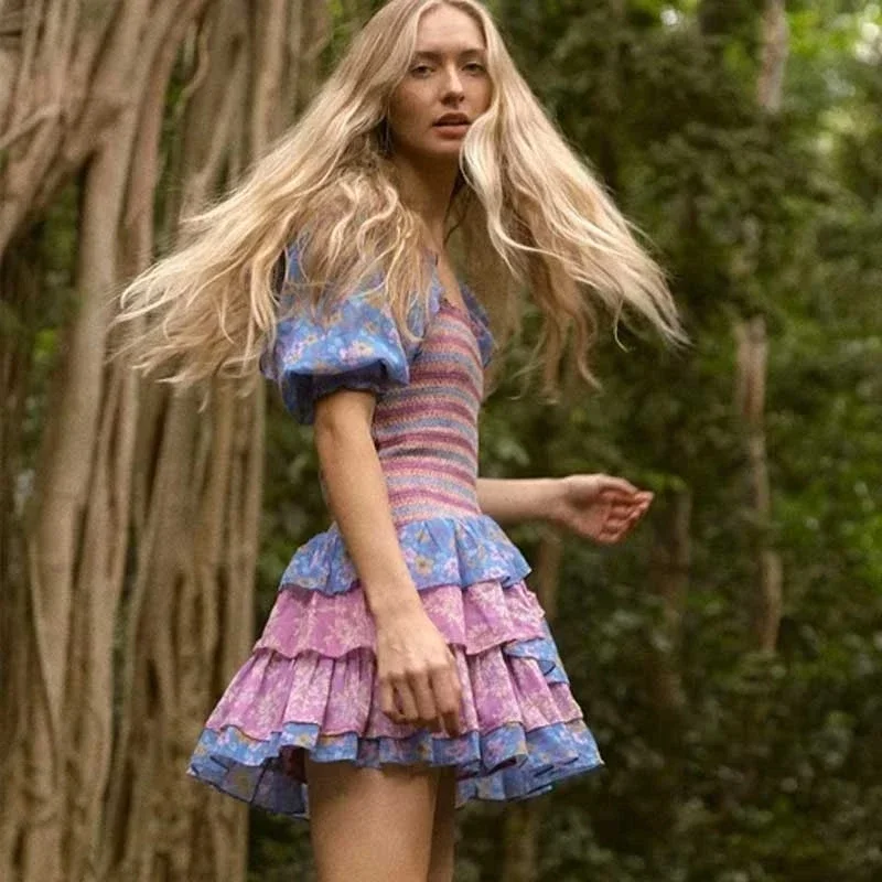 Mùa Hè 2022 Hỗn Hợp Họa Tiết In Hoa Xù Lông Ngày Lễ Đầm Cổ Vuông Smocked Gợi Cảm Laides Đầm Mini