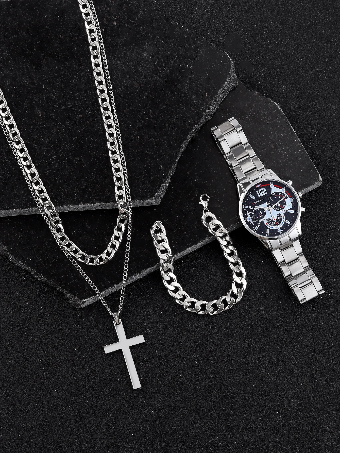 4pcs Business style Silver Mechanical design Men's alloy quartz watch with calendar and alloy Cross Cuban Necklace bracelet set