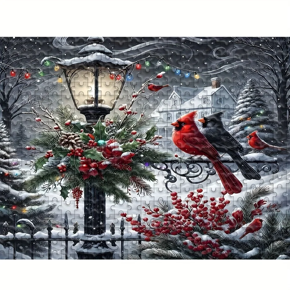 

500/1000pcs Adult Puzzle - Winter Wonderland Christmas Cardinal Birds & Snowy Landscape with Puzzle Pieces, Large Challenge fo