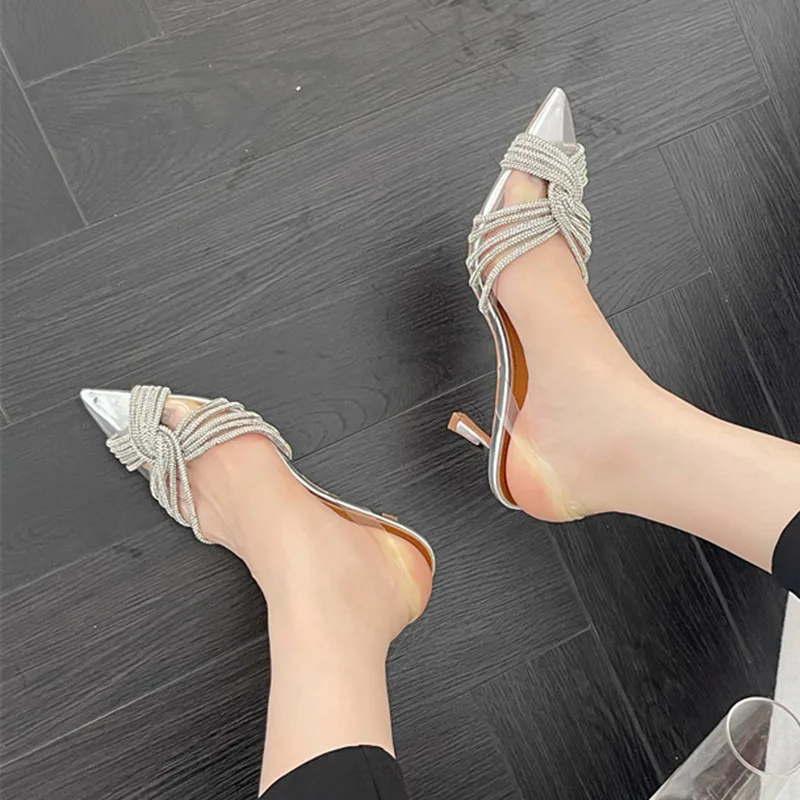 2024 Summer New Pointed Sandals for Women Shoes Classic Sexy Crystal Diamond Silver Light Mouthed Transparent High Heeled Sandal