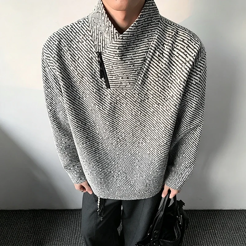 Mens Asymmetric Zip Stand Collar Long Sleeve Top Autumn Diagonal Stripe Textured Knit Loose Fit Casual Pullover Daily Wear Shirt view 5