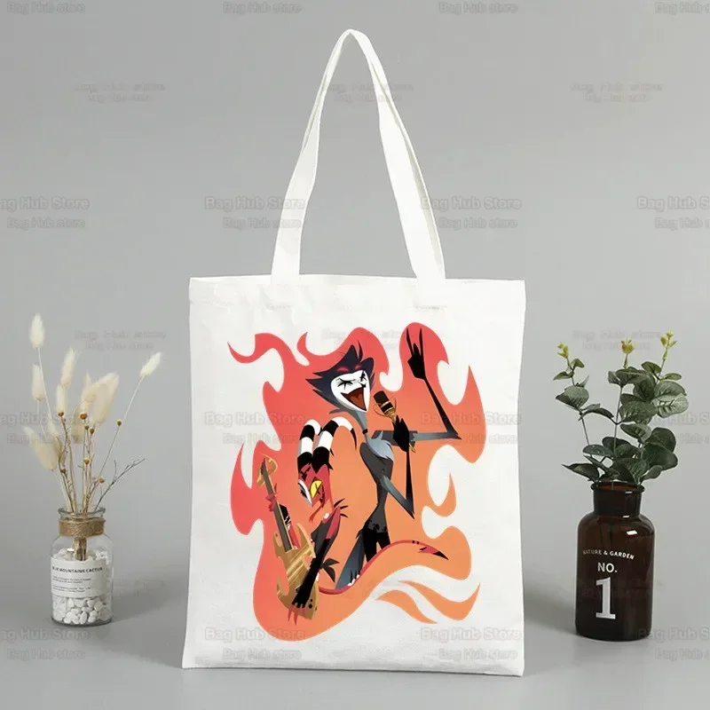 Helluva Boss Women Canvas Tote Bag Eco Shopping Bag Large Shoulder Bag Women Foldable Harajuku Comedy Cartoon Shopper Bag