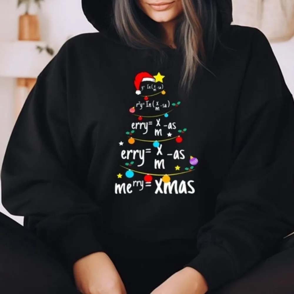 Christmas Tree of Equations Math Graphic Print Women Hoodie Long Sleeve Pocket Street Fashion Streetwear Sportswear Women Hoodie