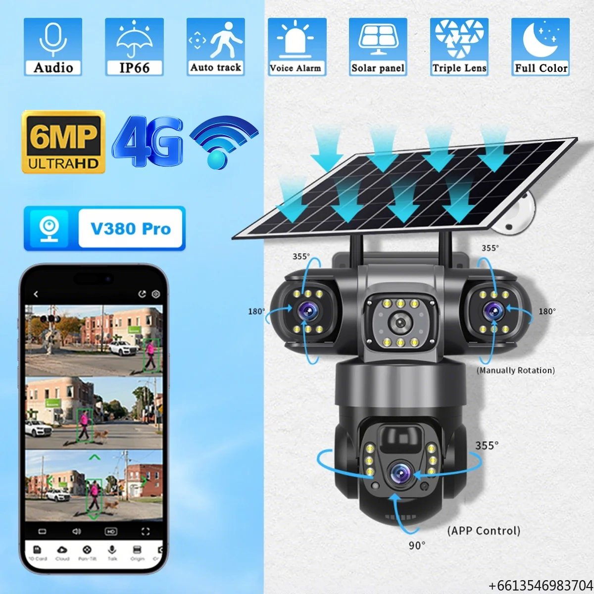 

V380pro 3 Lens 3 Screens 12MP 4G 3 PTZ Solar Network Security Camera With 8W Solar Panel 8000mAh Battery for Home Safety