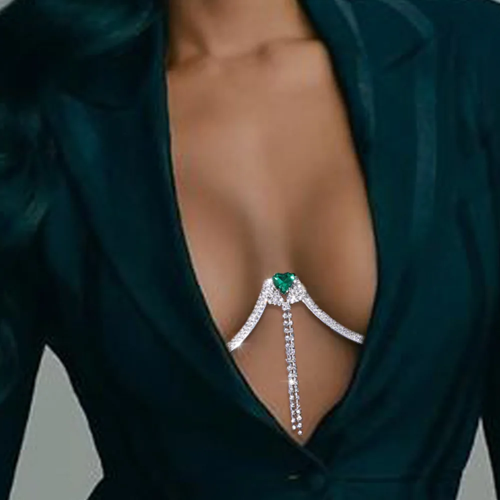 Sophisticated Green Heart Crystal Chest Jewelry Dazzling Hanging Streamer Body Strand Sparkly Decor For Deep V Neckline Top