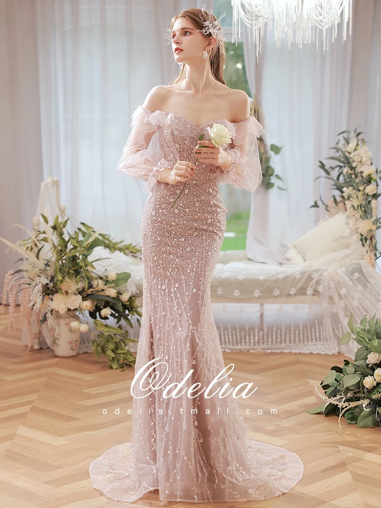 Shiny Mermaid Celebrity Dress Pink Boat Neck Glitter Sequined Long Sleeve Beading Bridal Wedding Toast Party Formal Evening Gown