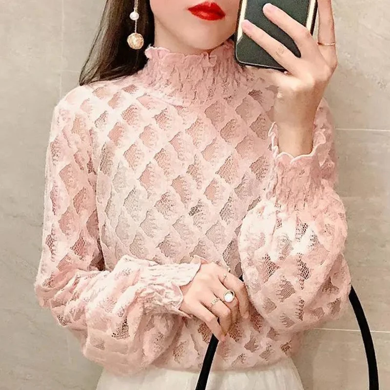 Fashion Stand Collar Spliced Hollow Out Gauze Blouses Female Clothing 2024 Autumn New Loose Sweet Tops Princess Sleeve Shirts