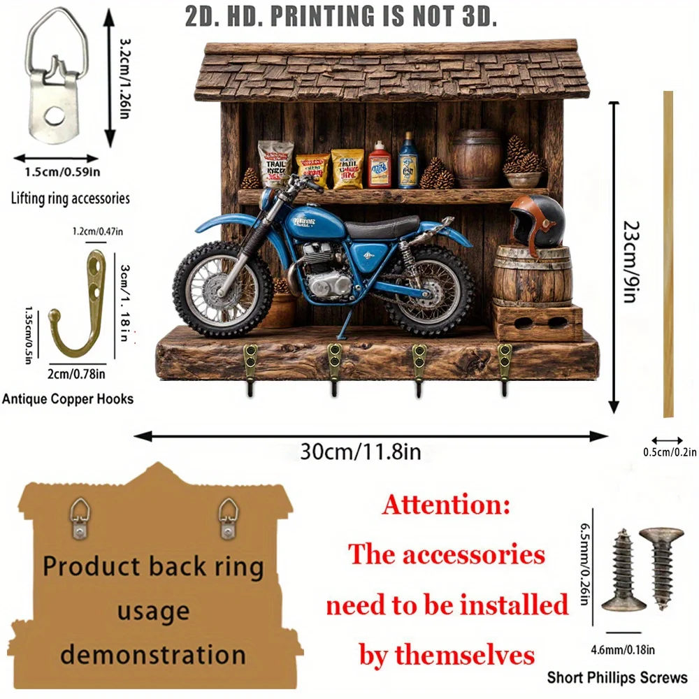 . 2D Flat. 1pc, Vintage Motorcycle Display Stand, Wooden Multifunctional Home Key Holder, with Four Metal Hooks, Suitable for