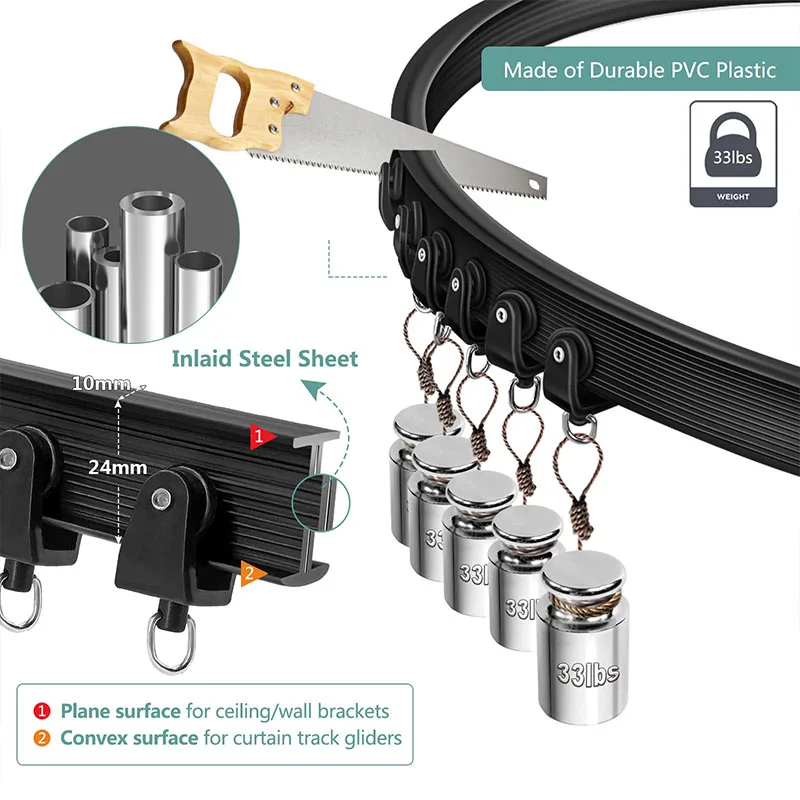 유연한 구부릴 수 있는 커튼 트랙 천장 벽 마운트, 블랙 화이트 곡선, 헤비 듀티 RV 슬라이딩 커튼 레일 시스템, 룸 디바이더 실