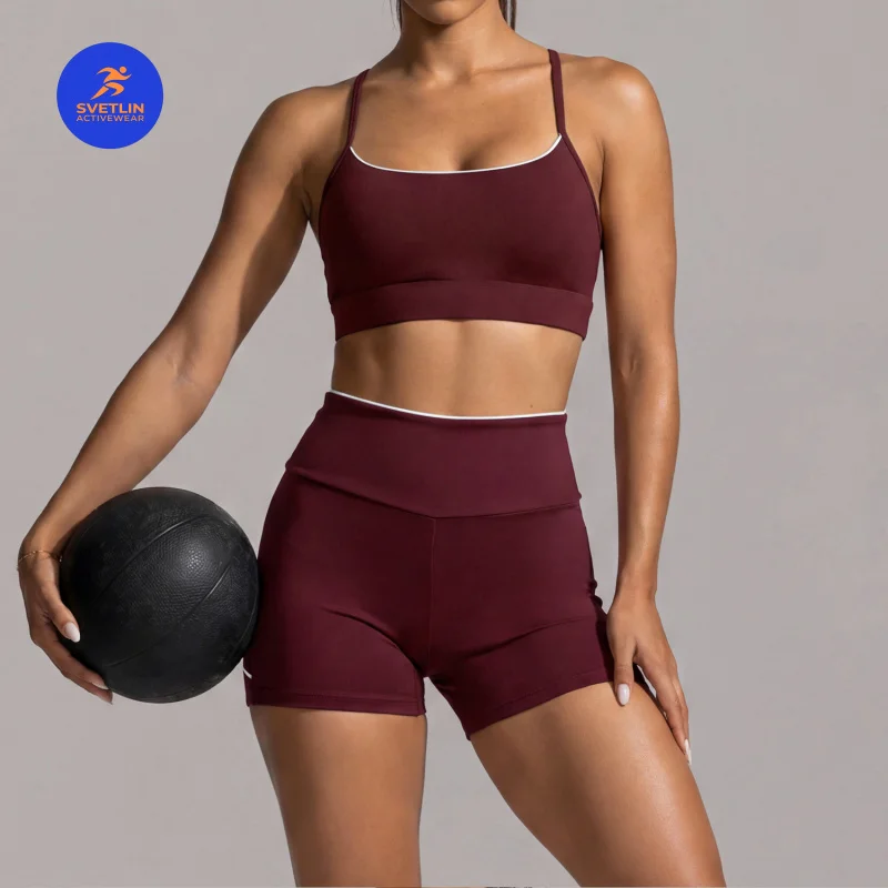 SVETLIN EU US Size Yoga Wear Suirt Y-Shaped Tight-Fitting Color-Block Casual Sportswear Outdoor Running Fitness Yoga Wear Set