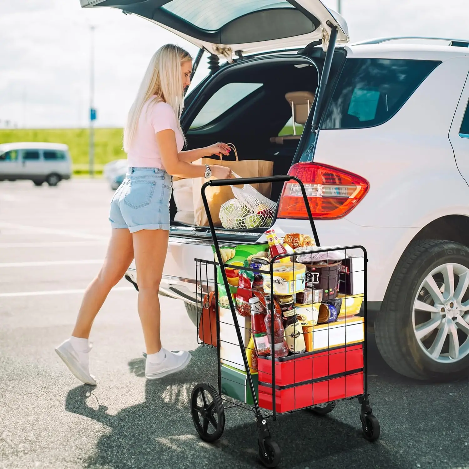 عربة تسوق قابلة للطي بعجلات، عربة بقالة محمولة مع سلة خلفية للتخزين والمنظم #3