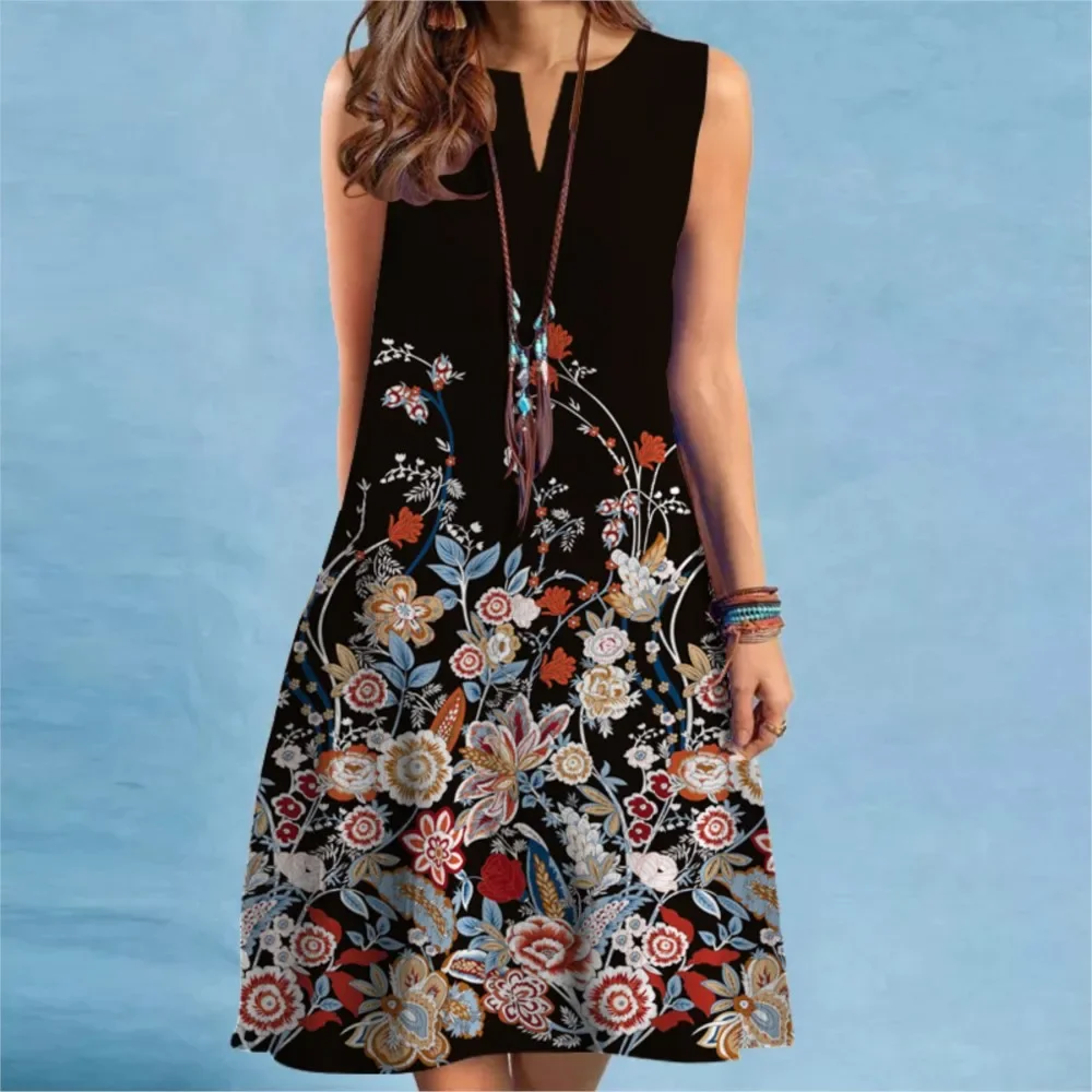Retro Floral Print Mini Dress 2025 Women V-neck Sleeveless Sexy Gradient Striped Printed A-Line Dress Bohemia Beach Sundress New