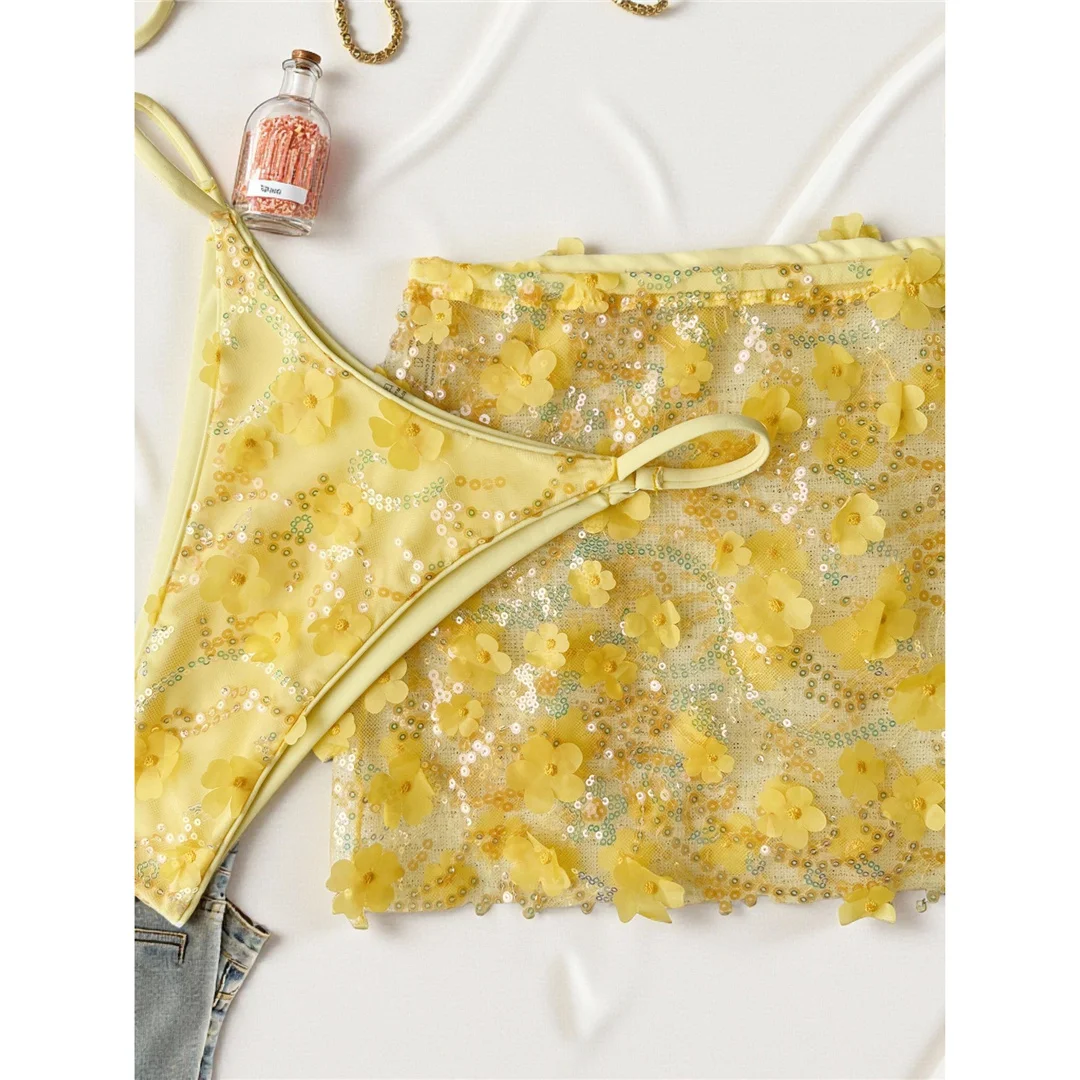S - XL Dreiteiliges Bikini-Set mit Rock, Blumen, Pailletten, Damen-Bikini, Badeanzug, Badebekleidung, Badeanzug, Schwimmbekleidung V7864 – Detail 34