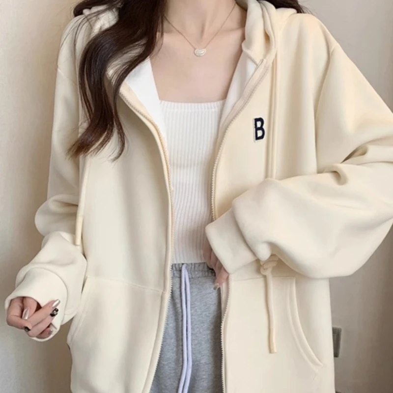 Burgundy Hoodies Women Fashion Loose Ins Vintage Thicker Autumn Korean Style All-match Zipper Casual Embroidery New 2023 Cool