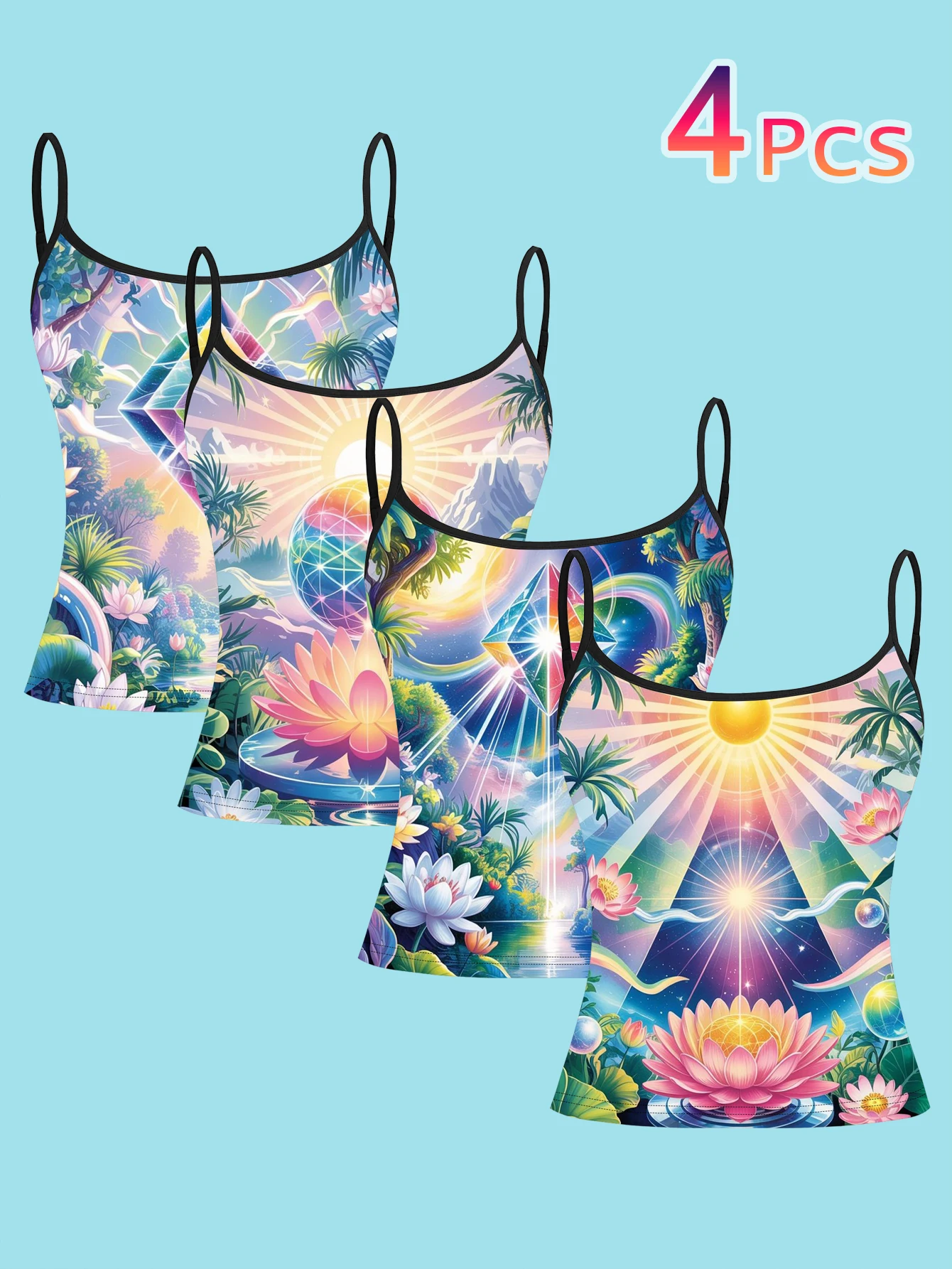 4-Piece Set of Dreamy Lotus Print Camisoles for Women, Rainbow Crystal Sunshine Fantasy Slim-Fit Spaghetti Strap Tops