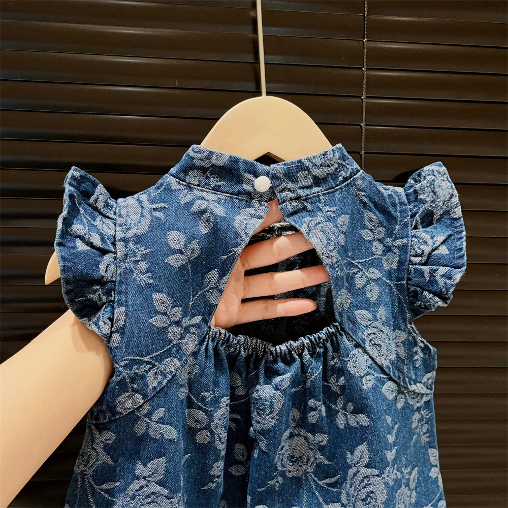 Kids Girls Flower Jacquard Dress 2025 Summer Chinese Knot Buckle Ruffles Fly Sleeve Denim Dress Back Hollow Out A-line Dresses