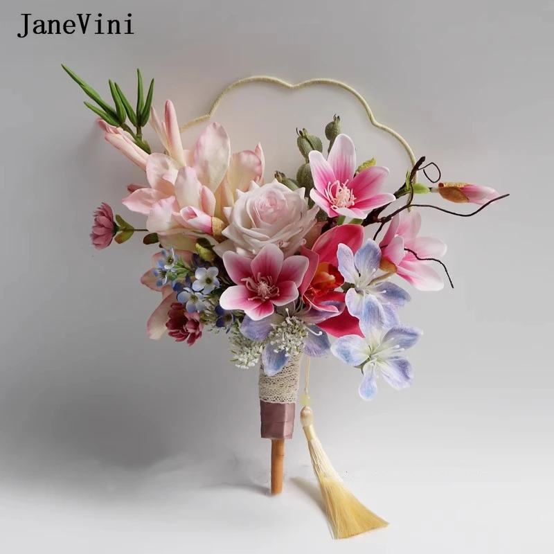

JaneVini Romantic Pink Blue Roses Bridal Bouquets Fan Type Artificial Silk Flowers Chinese Bride Bouquet Fan Wedding Accessories