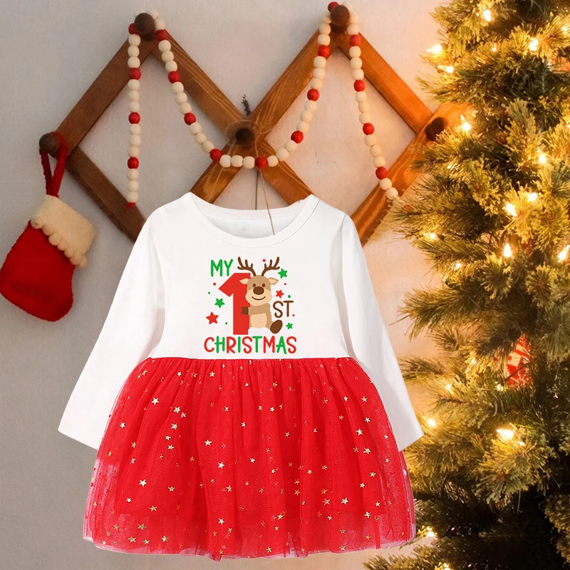 My First Christmas Baby Girls Red Dress Toddler Kids Deer printed Children Tutu Dresses Infant Princess outfit Xmas Party Gifts