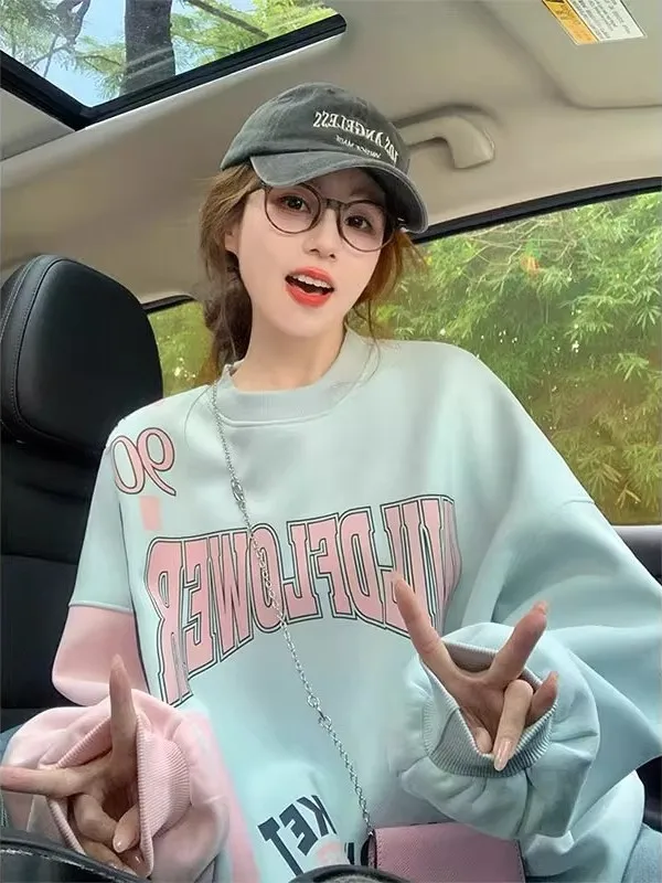 

Свитшот свободного кроя с круглым вырезом, размер XL, 300 Pou, в корейском стиле, с цветными вставками, повседневный, осенне-зимний топ