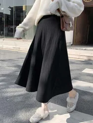 Women Autumn Winter Knitted Midi Skirts Soft Warm Pleated A-Line Skirt Ladies High Waist Solid Color Casual