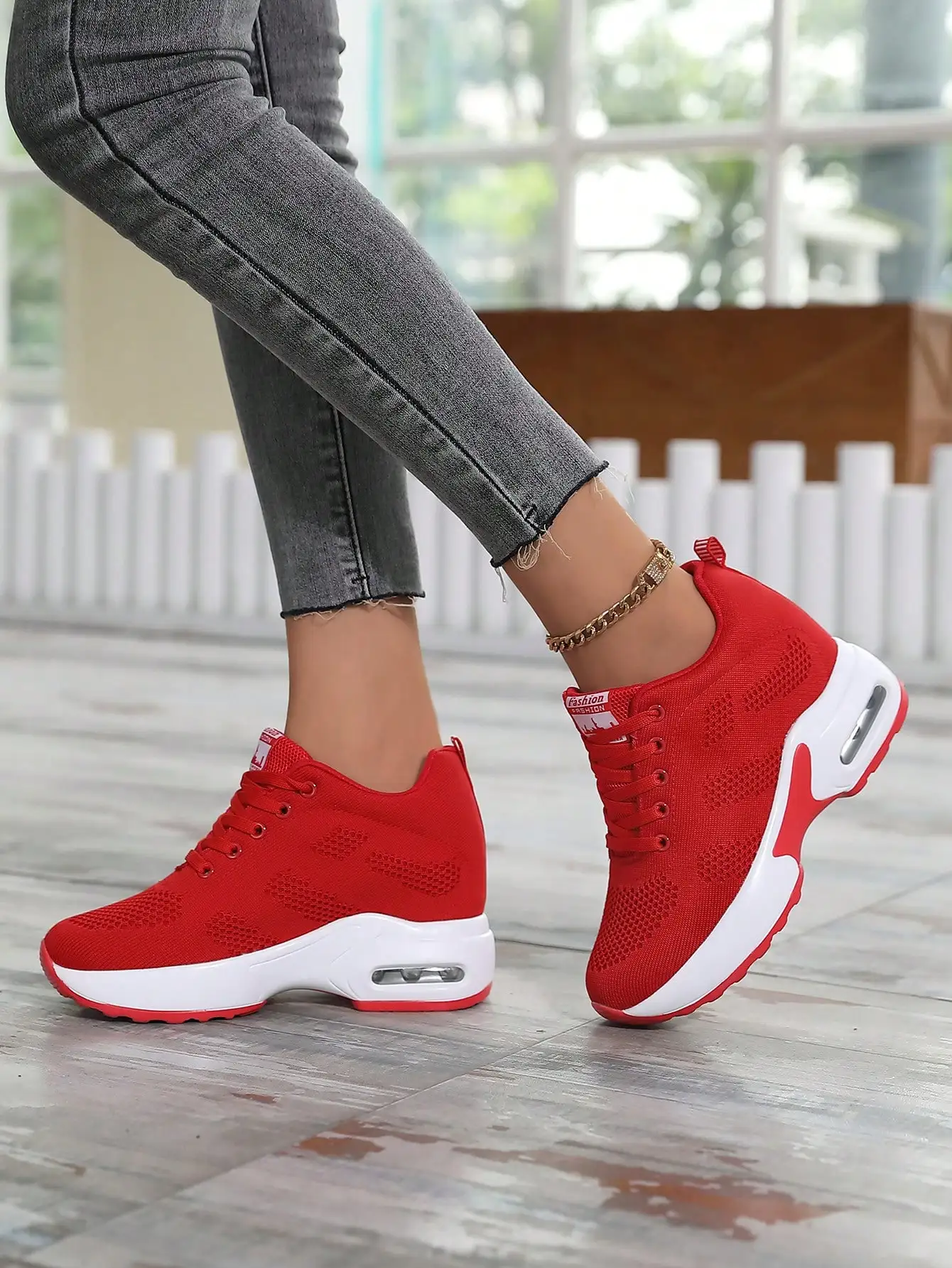 Fashion Wedge Sneakers Women Arch Support Tennis Walking Shoes Red Lightweight Mesh Casual Shoes Baskets Décontractées 1912 v