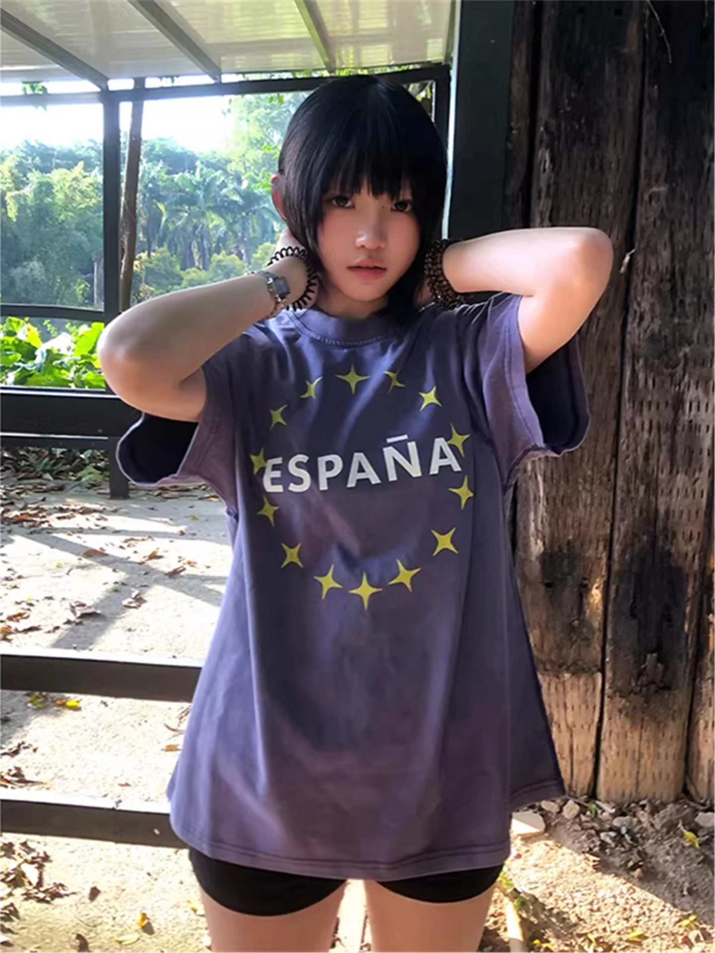

American Style Washed Vintage Star Letter Print Short Sleeve T-Shirt Women Summer Heavyweight Pure Cotton Casual Top