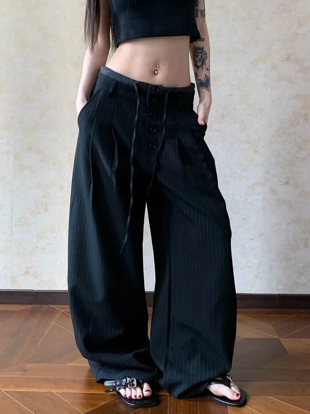 American Retro Casual Loose Hanging Pants Men's Women's Double Waist Pattern Wide Leg Pants Vintage Style Polyester Cotton Blend