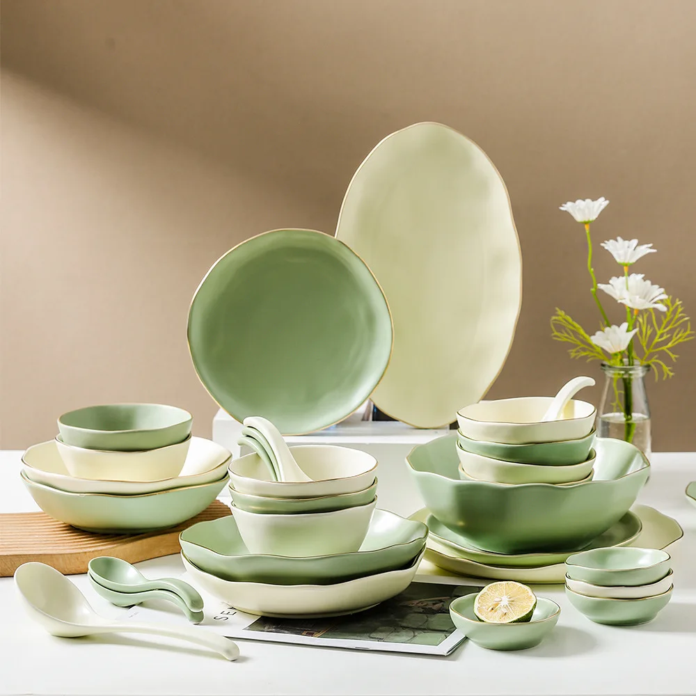 

Glazed Porcelain Rustic Crokery Home Kitchen Ceramic Tableware Set Ceramic Nordic Style Irregular Shape Dinnerware Set Dinner