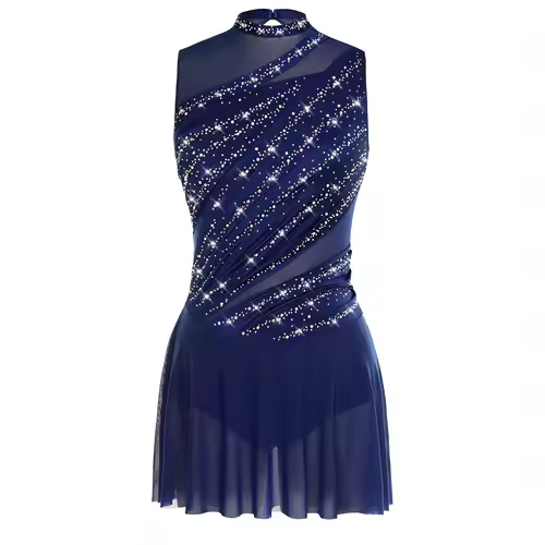 Women Ruched Ballet Lyrical Dancing Dress Round Collar Sleeveless Rhinestone Backless Dress for Stage Performance Competition - Image 17