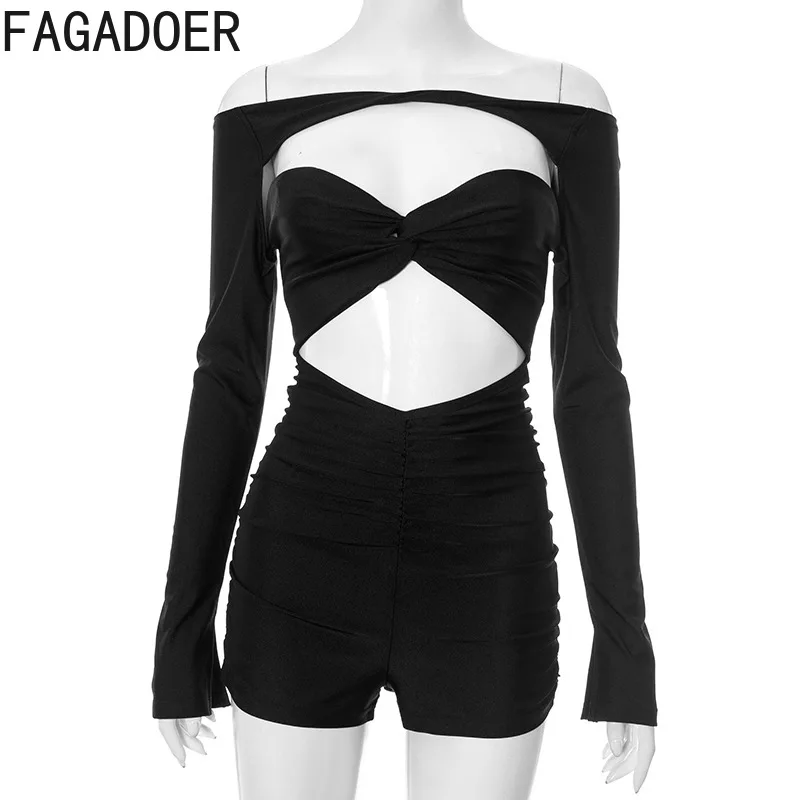 FAGADOER Sexy Hollow Out Bodycon Rompers Women Off Showlder Long Sleeve One Piece Jumpsuits Female Streetwear Overalls Summer