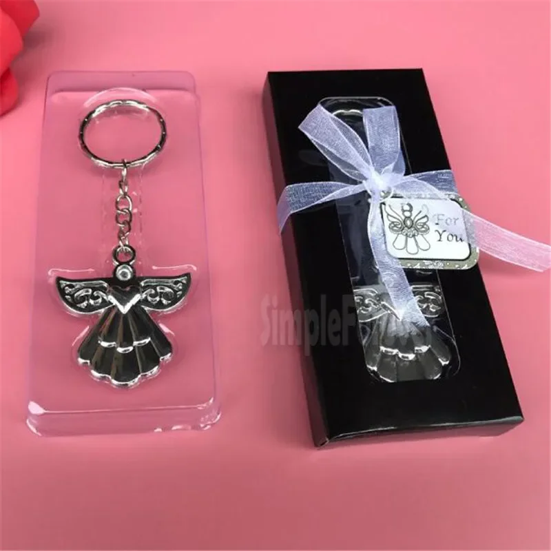 100pcs/lot Cheap Wedding Party Souvenir Guardian Angel Key Ring Silver Keychain Baby Shower Favors