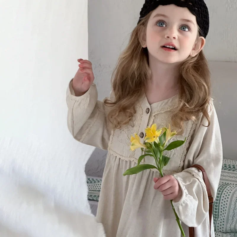 

Fashion Sweet Retro Court French Lace Brief Long-sleeved Dress Pure Cotton Princess Dress 2025 Spring New Style