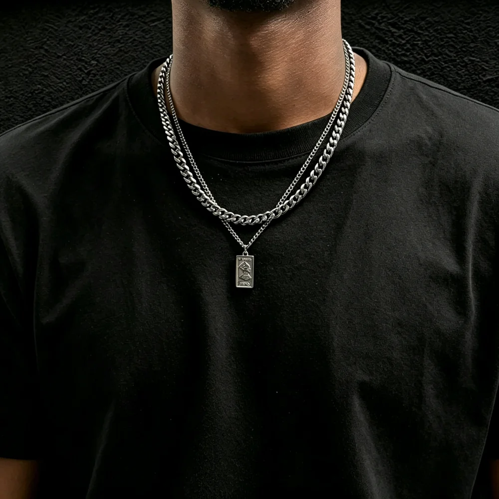 Retro Doppelschichtige Kubanische Kettenkette Hip-Hop Herren Edelstahl Anhänger Halskette Modische Pulloverkette Schmuck – Detail 3