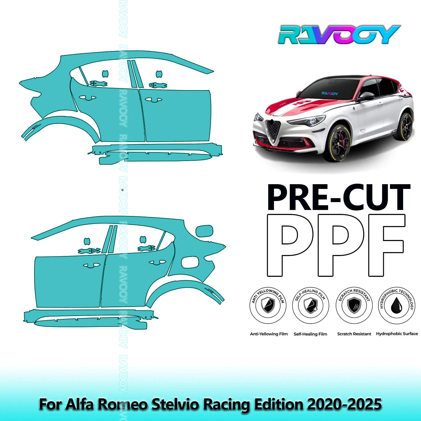 

For Alfa Romeo Stelvio Racing Edition 2020-2025 8.5mil Pre-Cut PPF Door & A/B Pillar Kit TPU Paint Protection Film Set