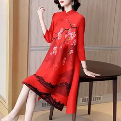 Women's Red Dress Long Skirt South Oil Stall New Chinese style Pan Button Slant Hemp Diamond Hot Stamped Chinese Style Skirt