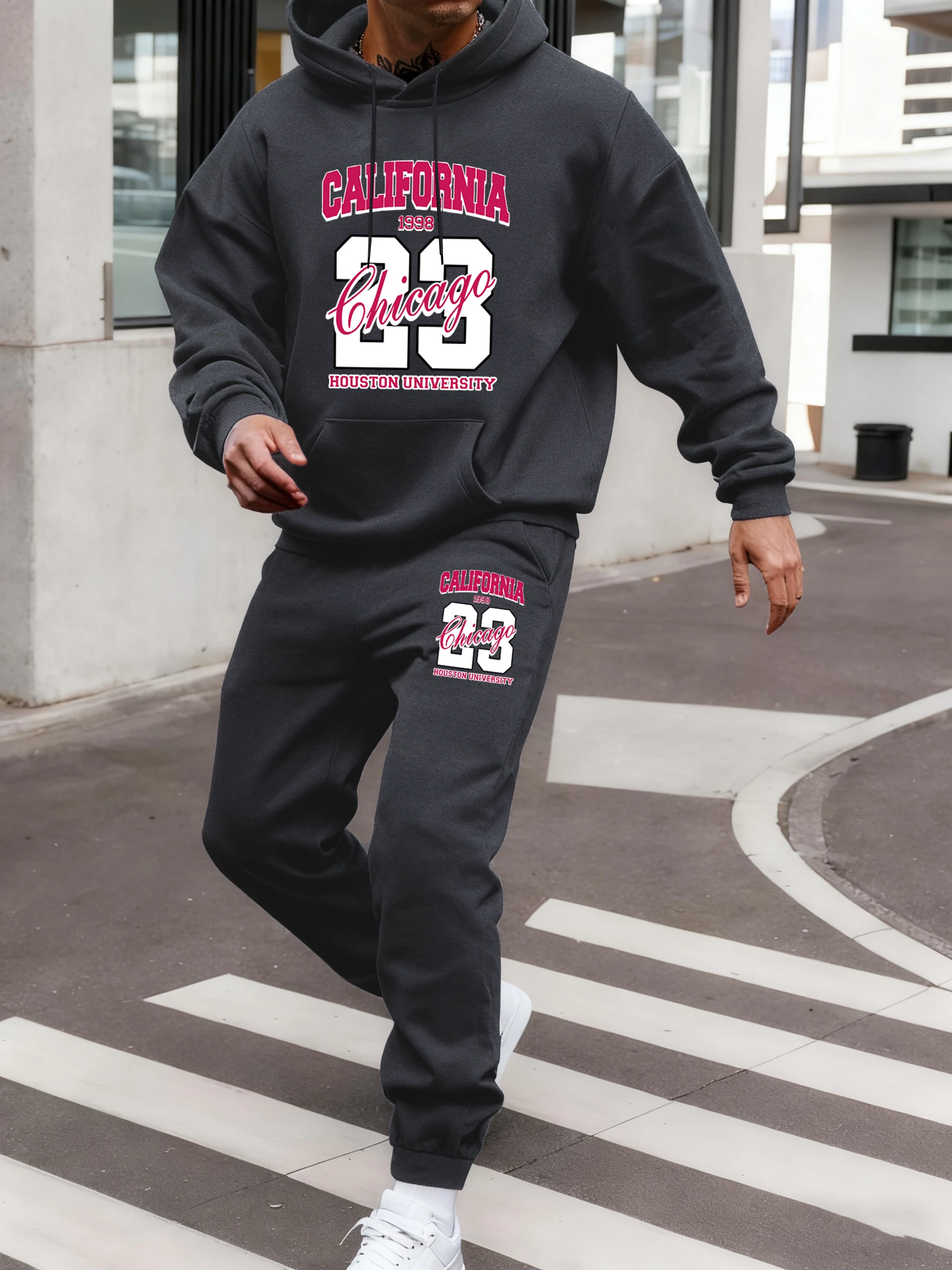 

California Chicago Houston University Print Mens Hoody Set Vintage Comfy Sweatpant Street Casual Sweatshirts Fleece Autumn Pants