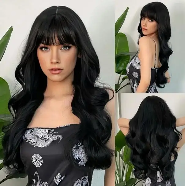 

Wig Popular Black Long Curly Wavy Lolita Wig With Bangs Synthetic Wig For Women Fashion Thick Curly Head Cover For Girls