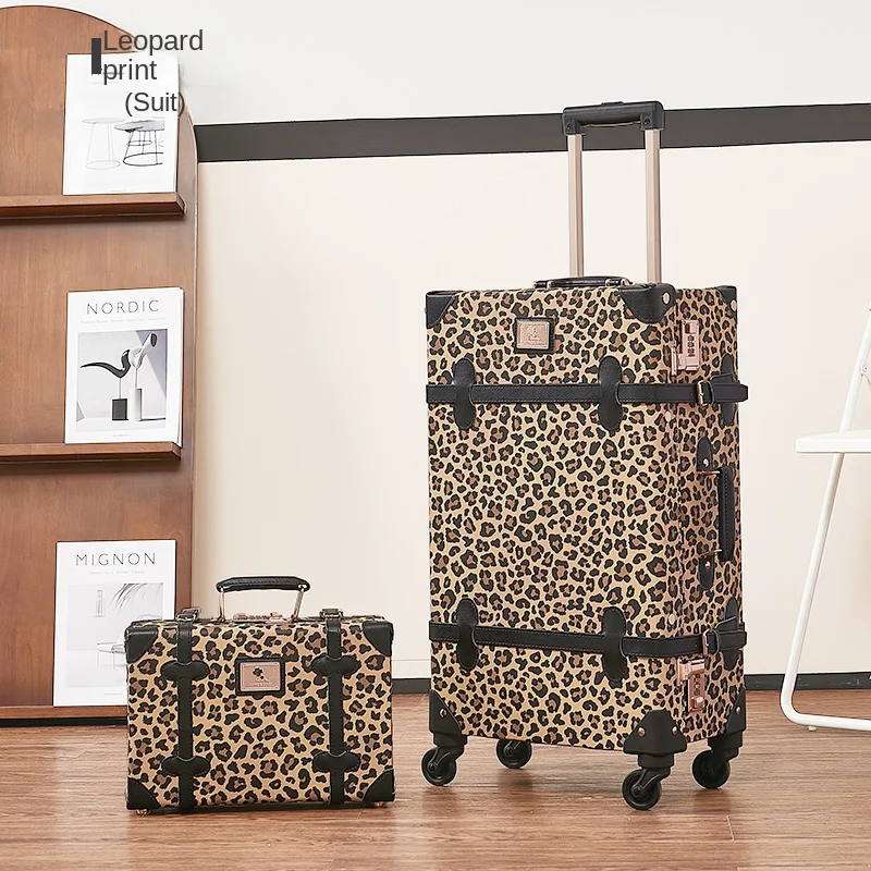 Trendy Retro Luggage Women\'s Roller Trunk Leopard Print Leather Suitcase 20\