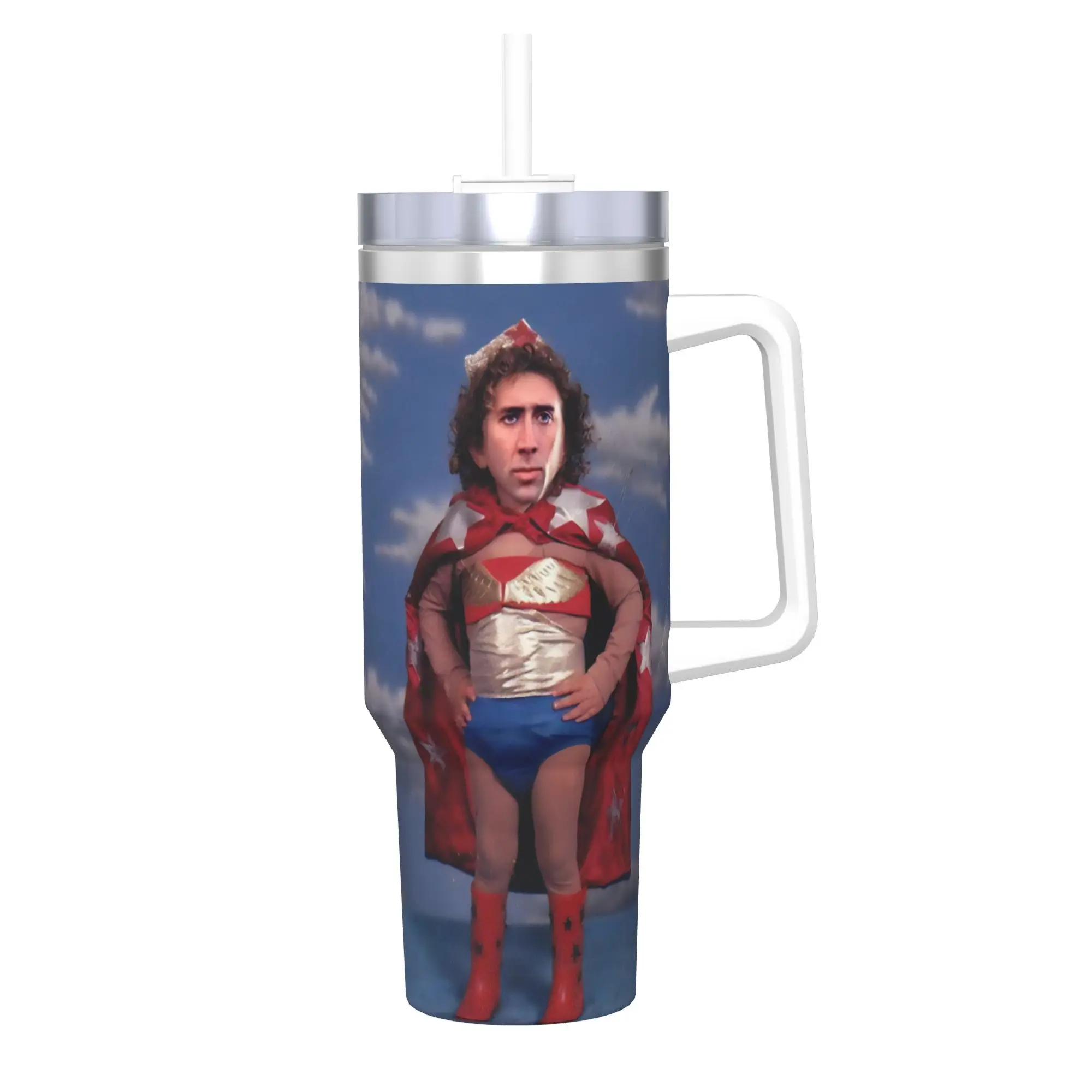Nicolas Cage Tumbler With Straw  Stainless Steel Travel Mugs Double Wall Vacuum Insulated for Cold Or Hot 40oz