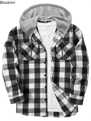 Spring Autumn Men's Plaid Shirts Loose Casual Long Sleeves Shirt Jackets Fashion Hooded Cardigan Coats Simple Sport Tops for Men