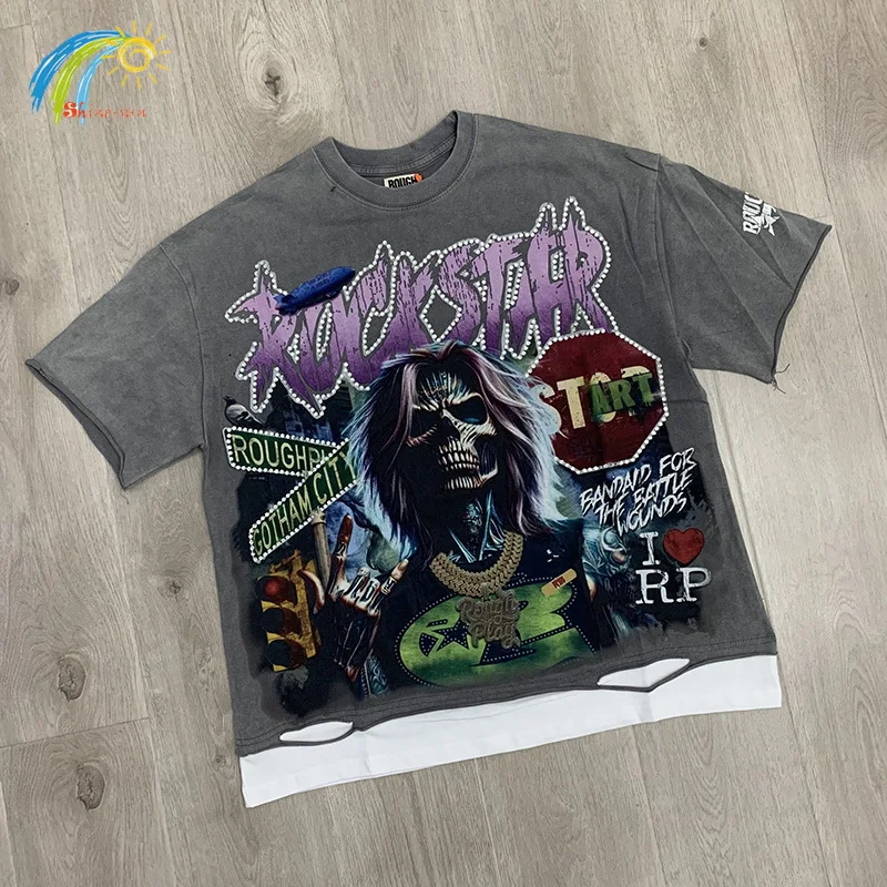 

Skeleton Digital Print Vintage Charcoal Gray Damaged Hole Rough Play T-Shirt Rhinestone Logo RoughPlay T Shirt Splicing Edge Tee