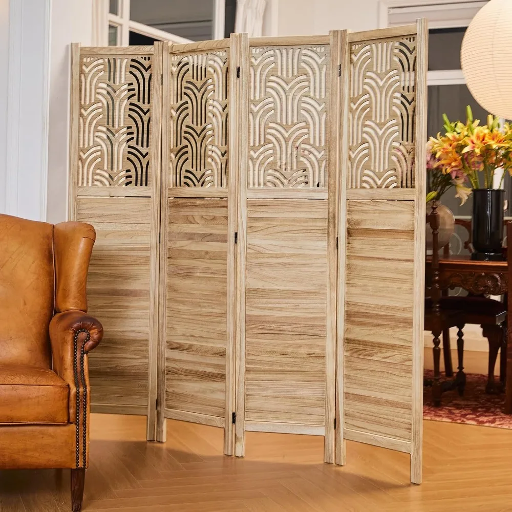 Folding Room Divider 66.9in 4 Panel Wood Privacy Screen Freestanding Partition