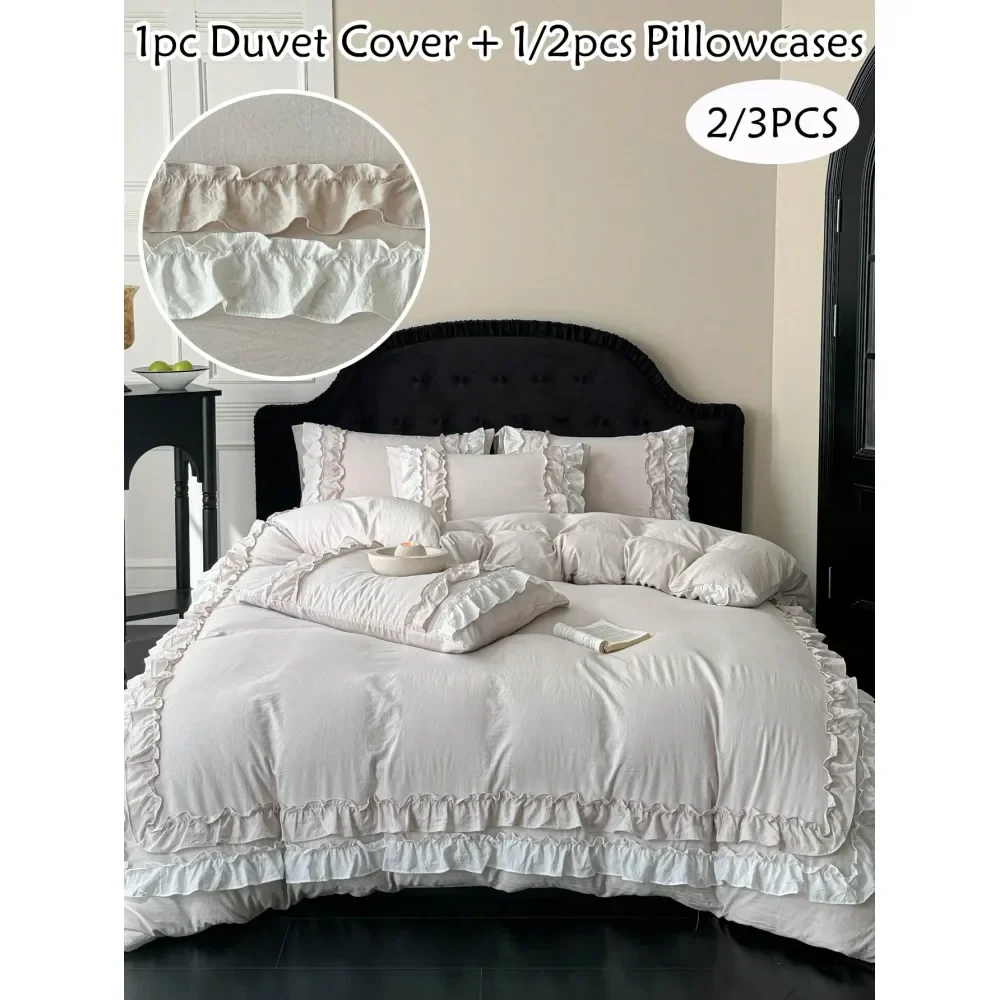 

3PCS Beige Washed Polyester Duvet Cover Set With Ruffled Lace, Modern Cute Bedding Set Queen Size For All Seasons, Soft Breatha