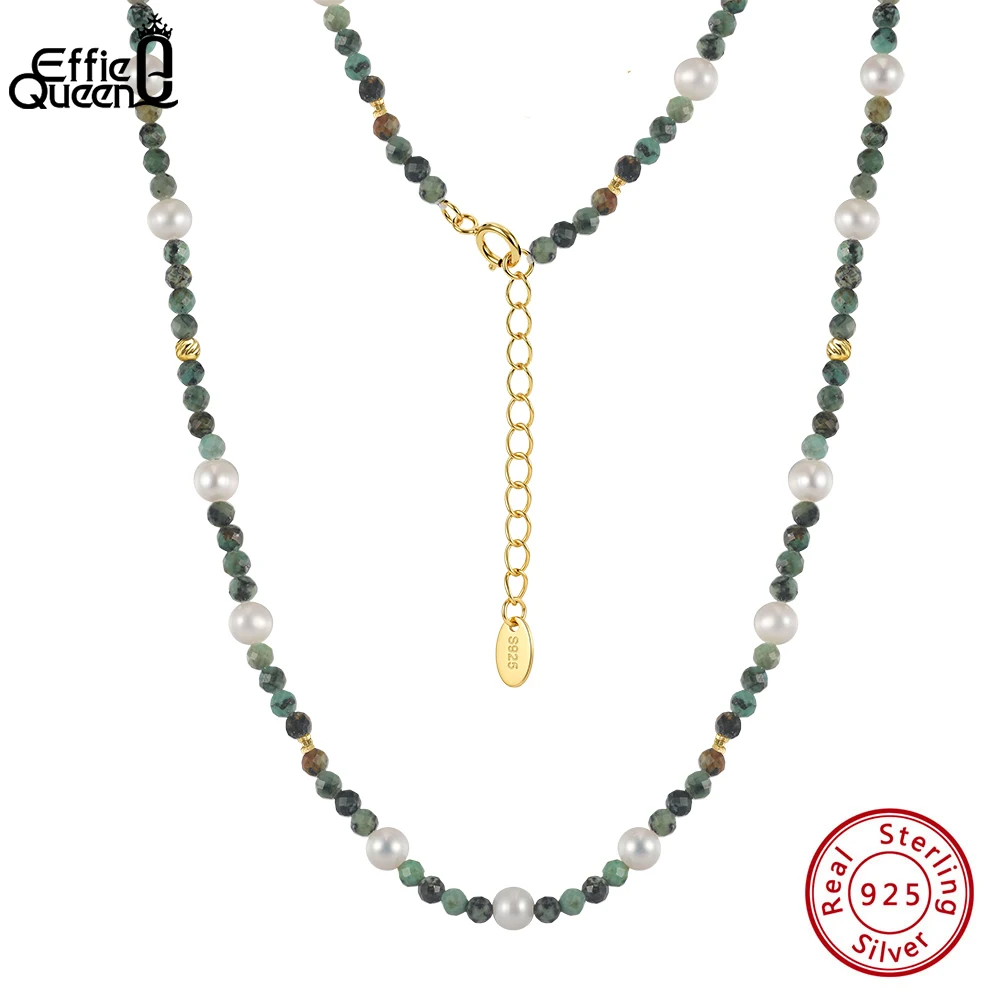 EFFIE QUEEN Collar de plata de ley 925 con turquesa natural/obsidiana negra/perlas, piedras preciosas, joyería fina clásica para fiesta, regalo MPN14