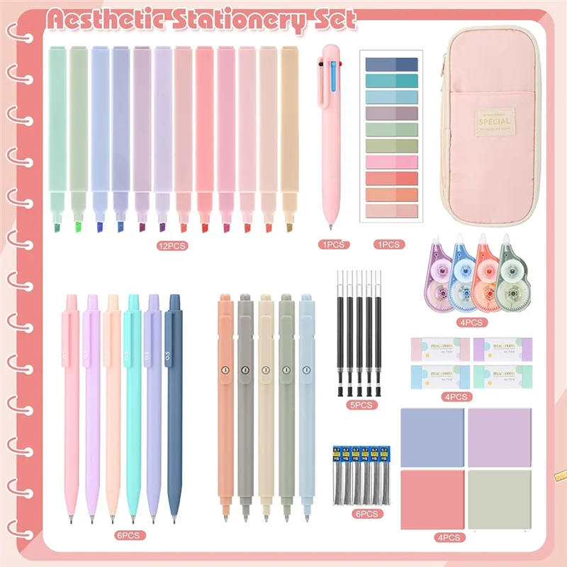 

ABFM-49 Pcs Aesthetic School Supplies With Pink Pencil Case, For Students Stationary Set