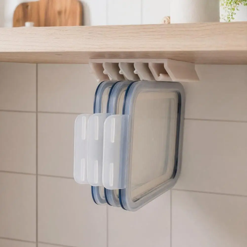 Box Lid Storage Rack Rectangular Box Lid Holder Crisper Lid Storage Rack with 5-slot Partition Adhesive Wall Mount for Cabinets