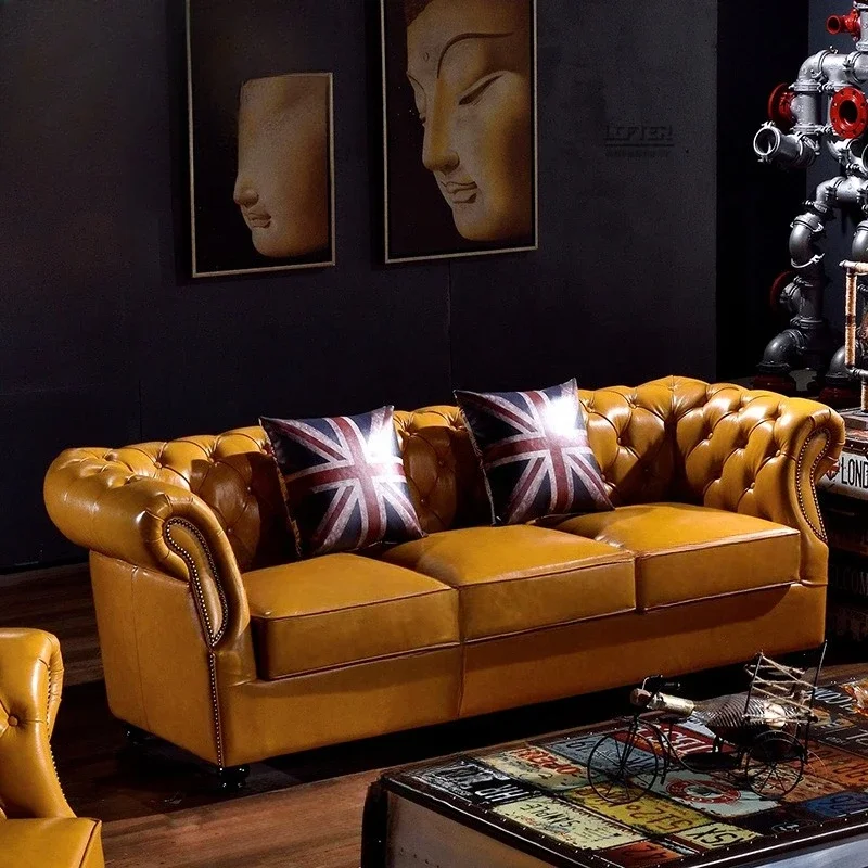 

American style, pull button, leather, sofa, industrial style, personality, hotel, combination