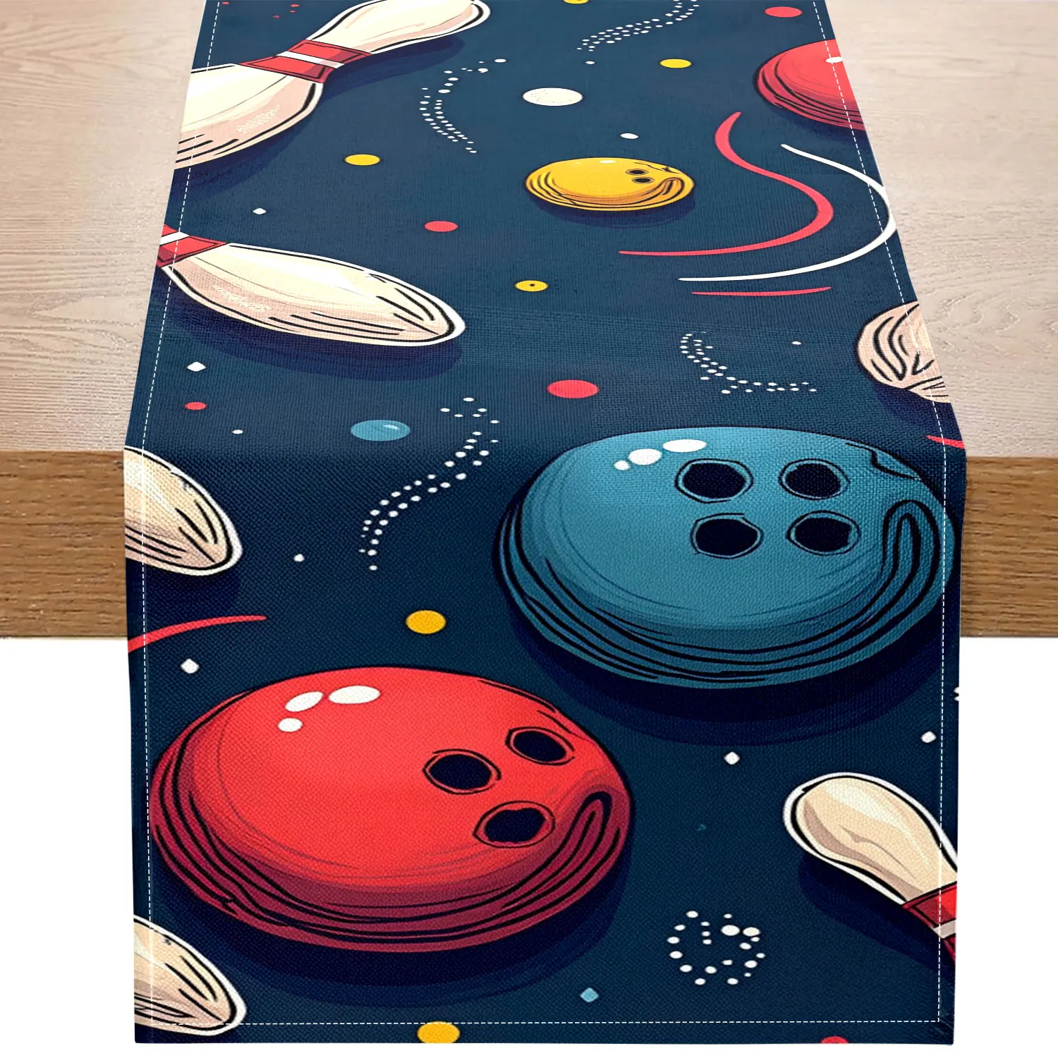 1Pc Bowling Theme Table Runner - Colorful Bowling with Pins Pattern - Suitable for Bowling Alley Decoration, Sports Theme Party, Family Recreation Area Arrangement, Sports Fan Dining Table, Sports Theme Restaurant, Friends Sports Theme Party