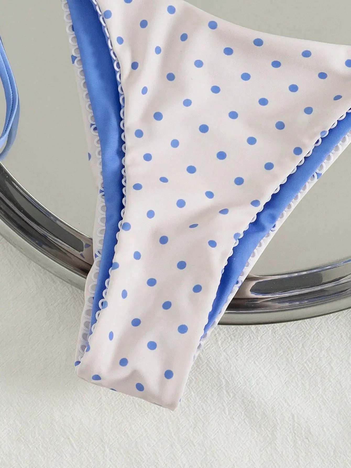 

Polka Dot Blue White Bikini Set With Beaded Ties Sexy Triangle Halter Swimwear