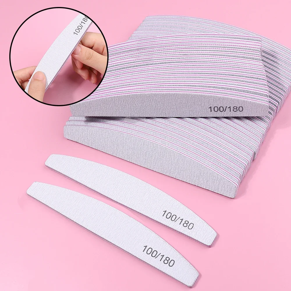 25/50pcs Grey Nail Files 100 180 Grit Square Halfmoon Strong Sandpaper Nail Supplies For Professional Manicure Accessories Tools